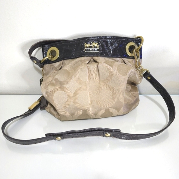 COACH Brown Tan Printed Canvas Patent Leather Top Handle Shoulder Tote Bag - Picture 1 of 16